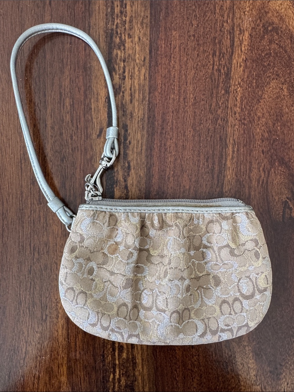 Coach Beige Signature Wristlet with Silver Strap